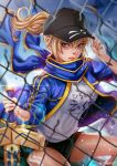  1girl ahoge artoria_pendragon_(all) baseball_cap black_hat black_shorts blonde_hair blue_eyes blue_jacket blue_scarf chain-link_fence closed_mouth commentary english_commentary excalibur fate/grand_order fate_(series) fence hair_through_headwear hat holding holding_sword holding_weapon jacket looking_to_the_side magion02 mysterious_heroine_x open_clothes open_jacket ponytail scarf shirt shorts sword touching_hat track_jacket weapon white_shirt 