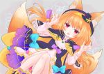  1girl :d animal_ear_fluff animal_ears blonde_hair bow capelet commentary_request dress fangs flower_knight_girl fox_ears fox_girl fox_shadow_puppet fox_tail frilled_dress frills hairband hat highres hood hood_up jacket kitsune_no_botan_(flower_knight_girl) long_hair long_sleeves mini_hat mini_top_hat multiple_tails open_mouth red_eyes short_dress smile tail top_hat two_tails user_pagz2757 