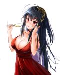  1girl absurdres ahoge alcohol azur_lane black_hair blush breasts champagne champagne_flute choker chromatic_aberration cleavage cup dress drinking_glass eyebrows_visible_through_hair hair_ornament highres large_breasts lkeris looking_at_viewer mole mole_on_breast open_mouth red_choker red_dress red_eyes simple_background sleeveless sleeveless_dress smile solo taihou_(azur_lane) white_background 