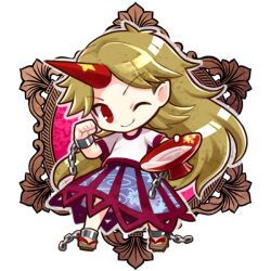  1girl ;) arm_up blonde_hair blue_skirt chain chibi chibi_only closed_mouth cuffs cup full_body holding holding_cup horns hoshiguma_yuugi long_hair looking_at_viewer one_eye_closed red_eyes sakazuki shirt short_sleeves single_horn skirt smile socha solo touhou transparent_background v-shaped_eyebrows very_long_hair white_shirt 