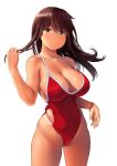  1girl akagi_(kantai_collection) bangs bare_shoulders blush breasts brown_eyes brown_hair cleavage closed_mouth collarbone highleg highleg_swimsuit highres hips holding holding_hair kantai_collection large_breasts long_hair looking_at_viewer one-piece_swimsuit red_swimsuit simple_background smile solo straight_hair swimsuit tan thighs wa_(genryusui) waist white_background 