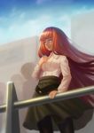  1girl bangs black_legwear black_skirt blue_eyes blunt_bangs crowd highres holding long_hair long_sleeves looking_afar outdoors pantyhose parted_lips railing redhead shiina_kagari shiny shiny_hair shirt skirt solo_focus sonoda_kurogome steins;gate steins;gate_0 very_long_hair white_shirt wind 