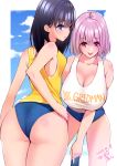  2girls arm_behind_back ass back bangs bare_shoulders black_hair blue_buruma blue_eyes blue_sky border breasts buruma card cleavage clothes_writing collarbone copyright_name dated hand_on_hip hanging_breasts highres hips huge_breasts lavender_hair leaning_forward long_hair looking_at_viewer looking_back medium_breasts multiple_girls open_mouth parted_lips red_eyes shinjou_akane short_hair sky ssss.gridman takarada_rikka thighs tongue tongue_out white_border white_tank_top yellow_tank_top yuzuri_ai 