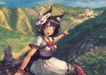  1girl alternate_costume animal_ears azur_lane bangs black_hair blunt_bangs blush bow capelet cat_ears clouds dress fang flower fox_mask hair_flower hair_ornament happy looking_at_viewer mask mask_on_head mountain open_mouth pointing red_eyes road scenery short_hair sitting sky smile solo town tree white_dress wrist_cuffs yamashiro_(azur_lane) 