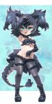  1girl animal_ear_fluff animal_ears blue_eyes boots bra cerberus_(kemono_friends) collar commentary_request cutoffs dog_ears elbow_gloves eyebrows_visible_through_hair fangs fingerless_gloves full_body gloves highres kemono_friends kolshica lizard_tail midriff multicolored_hair pantyhose purple_hair scar scar_across_eye solo spiked_collar spikes tail twintails underwear 
