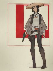  1girl absurdres belt black_hair black_pants blush brown_belt brown_footwear coin coin_on_string expressionless finger_on_trigger full_body grey_haori gun hat highres holding holding_gun holding_weapon holstered ichimegasa jewelry long_sleeves necklace notfuji original pants pants_tucked_in revolver shirt solo straw_hat weapon white_shirt 