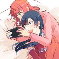  2girls :d absurdres arms_around_neck blue_hair blunt_bangs blush clothes_writing commentary dark_blue_hair english_commentary grey_eyes handheld_game_console highres holding holding_handheld_game_console long_hair long_sleeves love_live! love_live!_nijigasaki_high_school_idol_club low_twintails lying medium_hair multiple_girls myonmukyuu nakagawa_nana nintendo_switch on_side open_mouth orange_hair pink_shirt red_shirt shirt smile swept_bangs twintails uehara_ayumu yellow_eyes yuki_setsuna yuri 