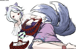  1girl absurdres animal_ears ankle_cuffs bear_trap clenched_hand closed_mouth commentary_request fang frilled_skirt frills grey_hair half-closed_eyes highres jewelry lying mitsugashira_enoko multicolored_hair multiple_tails necklace off-shoulder_shirt off_shoulder one-hour_drawing_challenge pink_skirt purple_shirt red_eyes red_wrist_cuffs shirt short_hair signature simple_background skirt sleeveless sleeveless_shirt split_mouth swept_bangs tail touhou two-tone_hair v-shaped_eyebrows ve1024 white_background white_hair wolf_ears wolf_girl wolf_tail wrist_cuffs 