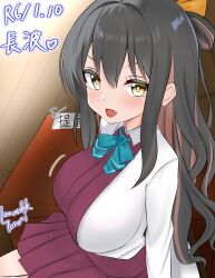  1girl absurdres black_hair breasts brown_eyes character_name collared_shirt colored_inner_hair commentary_request cowboy_shot dated dress dress_shirt fang hair_ribbon halter_dress halterneck highres kantai_collection large_breasts long_hair multicolored_hair naganami_(kancolle) pink_hair pleated_dress purple_dress ribbon shirt sister_princess smile solo tomoshibi_(kankore_tomori) translation_request white_shirt 