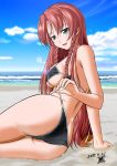  ass beach bikini black_bikini blue_eyes braid breasts clouds commentary_request dated day eyebrows_visible_through_hair graphite_(medium) hair_between_eyes highres hong_meiling large_breasts long_hair looking_at_viewer mechanical_pencil ocean pencil redhead sand sand_on_skin shino-puchihebi side_braids signature sitting smile swimsuit touhou traditional_media under_boob very_long_hair 
