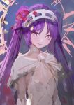  1girl black_ribbon capelet choker dress euryale eyebrows_visible_through_hair fate/hollow_ataraxia fate/stay_night fate_(series) flower hair_flower hair_ornament hairband hit-kun lolita_hairband long_hair purple_hair red_flower ribbon solo twintails upper_body white_capelet white_choker white_dress white_eyes white_hairband 