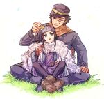  1boy 1girl ainu ainu_clothes araiguma_(gomipanda123) asirpa bandanna black_hair blue_eyes boots brown_eyes cape coat earrings facial_scar fur_boots fur_cape golden_kamuy grass hat hoop_earrings jewelry legs_crossed long_hair long_sleeves looking_at_another military military_hat military_uniform open_mouth pants scar scarf short_hair simple_background sitting sitting_on_lap sitting_on_person sugimoto_saichi uniform white_background wide_sleeves 