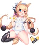  1girl 2drr animal_ears bangs blonde_hair blue_eyes blush bow braid breasts cat_ears character_name checkered checkered_bow commentary covered_navel eyebrows_visible_through_hair fang full_body g41_(girls_frontline) girls_frontline hair_between_eyes hair_bow hair_ornament hand_up heterochromia holding long_hair low-tied_long_hair medium_breasts name_tag old_school_swimsuit one-piece_swimsuit open_mouth purple_ribbon red_eyes ribbon school_swimsuit shadow side_braid single_braid solo swimsuit very_long_hair white_background white_bow white_swimsuit 