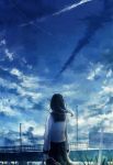  1girl absurdres amenomori_howa bag black_hair blue blurry bokeh bridge city clouds dark depth_of_field dusk from_behind grass highres lamppost light_particles long_hair looking_afar night night_sky original road_sign school_bag school_uniform serafuku sign sky solo star_(sky) wind 