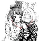 2girls abigail_williams_(fate/grand_order) bangs beamed_eighth_notes cellphone commentary_request crossed_bandaids earphones eighth_note fate/grand_order fate_(series) flower hair_bun hair_flower hair_ornament hand_on_another&#039;s_shoulder heart highres hitotsuki_nebura holding holding_cellphone holding_phone katsushika_hokusai_(fate/grand_order) multiple_girls musical_note octopus open_mouth parted_bangs phone shared_earphones sketch sleeves_past_wrists spot_color tokitarou_(fate/grand_order) upper_body white_background 