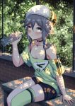  1girl arm_support bangs bare_shoulders bench beret black_shorts blue_eyes blush bottle breasts cleavage commentary_request day eyebrows_visible_through_hair green_legwear green_shirt grey_hair hair_between_eyes hat highres holding holding_bottle honkai_impact long_hair looking_at_viewer off-shoulder_shirt on_bench outdoors parted_lips qunqing shirt short_shorts short_sleeves shorts single_thighhigh sitting small_breasts solo sweat thigh-highs transparent water water_bottle white_hat 