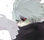  1boy black_eyes black_sclera covered_mouth heterochromia kagune_(tokyo_ghoul) kaneki_ken kmj7457451 looking_at_viewer male_focus medium_hair red_eyes solo tokyo_ghoul white_background white_hair 