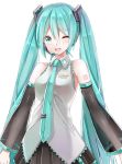  1girl ;d aqua_eyes aqua_hair aqua_neckwear arms_at_sides bangs bare_shoulders black_skirt blush breasts clothes_writing collared_shirt copyright_name cowboy_shot detached_sleeves eyebrows_visible_through_hair grey_shirt hair_between_eyes hair_ornament hatsune_miku headset long_hair long_sleeves looking_at_viewer medium_breasts necktie one_eye_closed open_mouth pleated_skirt round_teeth see-through shiny shiny_hair shirt simple_background skirt smile solo teeth tsukiringo twintails upper_body very_long_hair vocaloid white_background wing_collar 