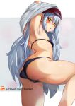  1girl armpits arms_behind_head arms_up ass bikini black_bikini breasts covered_nipples g11_(girls_frontline) girls_frontline highres long_hair looking_at_viewer silver_hair slit_pupils small_breasts solo swimsuit torieto undressing very_long_hair watermark web_address yellow_eyes 