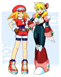  2girls absurdres alia_(mega_man) armor bike_shorts bike_shorts_under_shorts black_bodysuit blonde_hair blue_background blue_eyes bodysuit bodysuit_under_clothes border brown_gloves cabbie_hat character_name commentary english_commentary gloves green_eyes hat headset highres jacket long_hair mega_man_(series) mega_man_legends_(series) mega_man_x_(series) multicolored_footwear multiple_girls nico-neko one_eye_closed pink_armor red_hat red_jacket red_shorts robot_ears roll_caskett_(mega_man) shorts simple_background two-tone_background white_border 