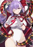  1girl :q asymmetrical_bangs bangs bb_(fate)_(all) bb_(swimsuit_mooncancer)_(fate) blurry breasts cape closed_mouth cowboy_shot depth_of_field eyebrows_visible_through_hair fate/grand_order fate_(series) gloves hair_between_eyes hands_up heart heart_hands highleg highleg_leotard highres hips large_breasts leotard long_hair looking_at_viewer nanananana one_eye_closed purple_hair smile solo tentacle thighs tongue tongue_out violet_eyes white_gloves white_leotard 