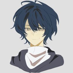  1boy black_jacket blue_hair chengyinxing14181 closed_mouth cropped_shoulders dark_blue_hair grey_background grey_eyes hair_between_eyes highres hood hood_down hooded_jacket jacket looking_at_viewer male_focus saibou_shinkyoku shirt short_hair simple_background smile solo utsugi_noriyuki white_shirt 