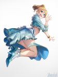  1girl :d artist_name ayase_eli blonde_hair blue_eyes blue_footwear blue_shirt blue_skirt bobby_socks bracelet commentary_request eyebrows_visible_through_hair frilled_sleeves frills full_body high_heels highres jewelry jumping looking_back love_live! love_live!_school_idol_project marshall_(wahooo) midriff open_mouth ponytail round_teeth shirt skirt smile socks solo teeth upper_teeth white_legwear 