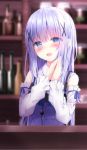  1girl :d blue_eyes blurry blush bottle cafe commentary_request counter depth_of_field detached_sleeves frills gochuumon_wa_usagi_desu_ka? hair_ornament hands_together highres kafuu_chino kouda_suzu long_hair looking_at_viewer open_mouth purple_hair rack smile solo waitress x_hair_ornament 