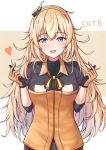  1girl bangs blonde_hair blue_eyes blush breasts character_name eyebrows_visible_through_hair floating_heart girls_frontline gloves hair_between_eyes hair_ornament hairband hands_up italian_flag_neckwear jacket long_hair looking_at_viewer mango_(mgo) medium_breasts messy_hair neck_ribbon open_mouth orange_hairband pleated_skirt ribbon s.a.t.8_(girls_frontline) sidelocks simple_background skirt smile solo standing very_long_hair 