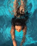  1girl black_hair closed_mouth from_above highres in_water lips long_hair looking_afar partially_submerged sam_yang solo swimming water 