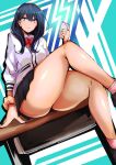  1girl absurdres agetama ass black_hair blue_eyes breasts cellphone desk highres legs loafers long_hair looking_at_viewer medium_breasts phone pink_legwear pleated_skirt school_desk school_uniform scrunchie shoes sitting skirt smartphone socks solo ssss.gridman takarada_rikka thick_thighs thigh-highs thighs 