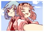  2girls ascot blonde_hair blue_hair blue_sky clouds cloudy_sky collared_shirt eyebrows_visible_through_hair flandre_scarlet gem multiple_girls one_eye_closed outdoors pink_shirt pointy_ears puffy_short_sleeves puffy_sleeves red_eyes red_neckwear remilia_scarlet self_shot shirt short_hair short_sleeves siblings sisters sky smile sunglasses tongue tongue_out touhou upper_body yoruny 