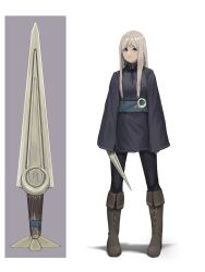  1girl absurdres black_pantyhose blue_eyes blue_sash blue_shirt boots brown_footwear closed_mouth dagger expressionless grey_hair highres holding holding_dagger holding_knife holding_weapon knife long_hair looking_at_viewer notfuji original pants pants_tucked_in pantyhose sash shirt sleeves_past_wrists solo weapon weapon_focus white_background 