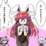  3girls :o animal_ear_fluff animal_ears bangs bare_arms bare_shoulders black_leotard blush bow breasts brown_legwear bunnysuit chibi commentary_request covered_navel crossed_arms detached_collar earrings eyebrows_visible_through_hair flying_sweatdrops fox_ears glint gradient gradient_background grey_hair hair_between_eyes hair_bow hands_on_own_chest hands_up highres japanese_clothes jewelry kimono leotard long_hair medium_breasts multiple_girls original pantyhose parted_lips pink_background purple_kimono rabbit_ears red_bow red_eyes redhead ryogo silver_hair sleeveless strapless strapless_leotard translation_request usami_tsuitachi very_long_hair white_background white_collar wrist_cuffs yellow_bow 