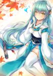  1girl blush fate/grand_order fate_(series) from_above green_hair highres hinot horns japanese_clothes kiyohime_(fate/grand_order) long_hair looking_at_viewer looking_up sitting smile solo thigh-highs white_legwear yellow_eyes 