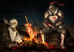  1boy 1girl armor blood fire full_armor goblin_slayer goblin_slayer! hat helmet holding kan_(aaaaari35) knife plume priestess_(goblin_slayer!) sitting staff sword weapon 