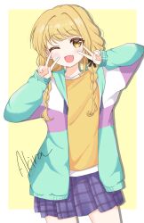  1girl ;d akira_(aki_raoo) artist_name black_ribbon blonde_hair blue_skirt border braid cowboy_shot double_v fang fujita_kotone gakuen_idolmaster hair_ribbon highres idolmaster jacket long_sleeves looking_at_viewer multicolored_clothes multicolored_jacket one_eye_closed open_clothes open_jacket plaid_clothes plaid_skirt pleated_skirt ribbon school_uniform shirt signature simple_background skin_fang skirt smile solo twin_braids v white_border yellow_background yellow_eyes yellow_shirt 
