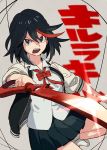  1girl aoki_(fumomo) bangs black_hair blue_eyes blue_skirt bow bowtie collared_shirt copyright_name glint hair_between_eyes holding holding_weapon jacket kill_la_kill leg_up looking_at_viewer matoi_ryuuko miniskirt multicolored_hair open_clothes open_jacket open_mouth pleated_skirt red_bow red_neckwear redhead scissor_blade shirt skirt sleeves_past_elbows solo sparkle streaked_hair teeth two-tone_hair weapon white_shirt 