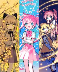  2girls :d blonde_hair blue_eyes boots bow branch brown_jacket brown_skirt closed_mouth collared_shirt flower headset holding holding_umbrella jacket long_hair long_sleeves mechuragi multiple_girls off_shoulder oil-paper_umbrella open_clothes open_jacket petals pink_bow pink_flower pink_hair pink_skirt pleated_skirt seeu shirt short_sleeves side_ponytail skirt smile two_side_up umbrella uni_(vocaloid) very_long_hair vocaloid white_footwear white_shirt wide_sleeves yellow_eyes yellow_flower yellow_skirt 