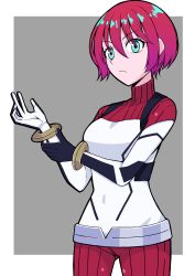  1girl amate_yuzuriha aqua_eyes bodysuit breasts closed_mouth gundam gundam_gquuuuuux highres looking_at_viewer mecha_pilot_suit multicolored_bodysuit multicolored_clothes normal_suit osumoto1 red_hair science_fiction short_hair simple_background solo 