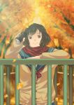  1girl absurdres autumn black_eyes black_hair blue_skirt blurry blurry_background brown_jacket can day drink ginkgo_leaf hand_up highres jacket looking_at_viewer medium_hair original outdoors railing red_scarf scarf school_uniform skirt solo tree w-moz9-w 