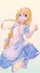  1girl :d alice_schuberg apron blonde_hair blue_eyes blue_footwear blue_shirt blue_skirt bow braided_ponytail eyebrows_visible_through_hair full_body hairband hand_in_hair highres long_hair looking_at_viewer mo_(pixiv9929995) open_mouth ponytail shirt short_sleeves sidelocks simple_background skirt smile solo sword_art_online very_long_hair white_apron white_background white_bow white_hairband white_legwear 