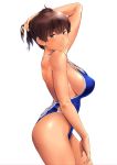  1girl 3: arm_up blue_swimsuit breasts brown_hair casual_one-piece_swimsuit contrapposto cowboy_shot expressionless eyebrows_visible_through_hair from_side highleg highleg_swimsuit highres kaga_(kantai_collection) kantai_collection large_breasts looking_at_viewer one-piece_swimsuit short_hair side_ponytail sideboob simple_background solo strap_gap swimsuit wa_(genryusui) white_background yellow_eyes 