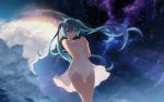  1girl aqua_eyes aqua_hair bare_arms bare_shoulders cait clouds commentary_request dress hair_between_eyes hands_together hatsune_miku highres long_hair looking_at_viewer sleeveless sleeveless_dress smile solo space thigh_gap twintails very_long_hair vocaloid white_dress 