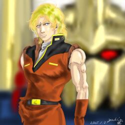  2025 aeug belt blonde_hair blue_eyes blurry blurry_background dated gloves gundam hand_on_own_hip highres hyaku_shiki looking_at_viewer mecha military_uniform mobile_suit mullet quattro_bajeena realistic red_eyes red_gloves robot science_fiction signature toned yuki_xue_ying zeta_gundam 