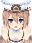  1girl absurdres angry bare_shoulders blanc blue_eyes blush breasts brown_hair cleavage collarbone dress en-sof fur_trim hair_between_eyes hat highres looking_at_viewer medium_hair neptune_(series) no_bra open_mouth simple_background small_breasts solo spaghetti_strap upper_body white_background white_dress 