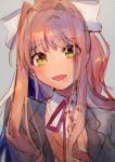  1girl :d aoki_(fumomo) bangs bow brown_hair chromatic_aberration collared_shirt doki_doki_literature_club eyebrows_visible_through_hair eyes_visible_through_hair green_eyes grey_jacket hair_bow hair_intakes jacket long_hair looking_at_viewer monika_(doki_doki_literature_club) open_clothes open_jacket open_mouth orange_vest ponytail red_ribbon ribbon school_uniform shirt smile solo upper_body vest white_bow white_shirt 