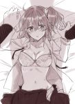  1boy 1girl bed_sheet blush bra breasts cleavage collarbone dress_shirt eyebrows_visible_through_hair fate/grand_order fate_(series) from_above fujimaru_ritsuka_(female) greyscale hair_between_eyes hair_ornament hair_scrunchie hand_holding looking_at_viewer lying medium_breasts miniskirt monochrome navel nishinishihigas on_back open_clothes open_shirt open_skirt panties parted_lips pleated_skirt scrunchie shirt side_ponytail skirt sweatdrop underwear 