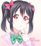  1girl \m/ anibache bangs black_hair bow bowtie character_name dated green_neckwear hair_bow happy_birthday long_sleeves looking_at_viewer love_live! love_live!_school_idol_project otonokizaka_school_uniform pink_cardigan red_bow red_eyes solo striped_neckwear twintails upper_body yazawa_nico 