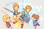  angry blonde_hair blue_eyes brown_hair claus closed_eyes full_body gloves ice link long_hair lucas male_focus master_sword mother_(game) mother_3 multiple_boys nintendo pointy_ears quiff shield shirt short_hair simple_background smile striped striped_shirt super_smash_bros. super_smash_bros._ultimate sword the_legend_of_zelda the_legend_of_zelda:_breath_of_the_wild thunder weapon wusagi2 